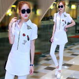 2015夏装新款衬衫女式短袖中长款韩版白色衬衣修身显瘦学生上衣潮