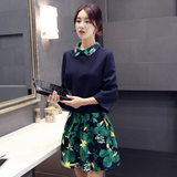 韩版名媛印花有带领毛呢套装连衣裙2016新款秋装女秋季裙子两件套