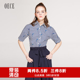 Oece2016夏装新款女装 复古细条纹衬衫女短袖上衣印花衬衣夏