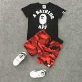 香港代购亲子装2016童装ape迷彩儿童五分短裤男童女童短袖T恤套装