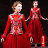 中式婚纱礼服新款2015红色新娘旗袍敬酒服秋冬季中袖结婚礼服长款