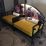 新中式沙发组合水曲柳实木沙发别墅会所样板房客厅印花布艺沙发