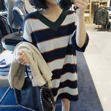 市舶司韩国代购女装2016春装新款V领撞色拼接条纹连衣裙CA2484