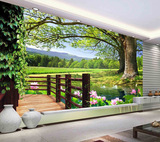 3D立体壁画田园风景 客厅墙纸现代中式大树电视沙发背景墙壁纸