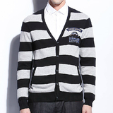 卡宾 男装时尚条纹韩版修身V领长袖纯棉开衫针织衫毛衫毛衣外套