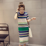 夏季韩版彩色条纹连衣裙中长款显瘦修身短袖针织连衣裙女学生长裙