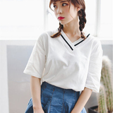 夏季宽松T恤女短袖韩国简约百搭纯色V领体恤学生少女装半袖上衣服