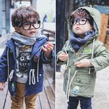 2015冬季新款韩版男童装 外贸纯色字母外套连帽休闲纯棉加绒大衣