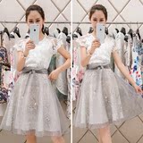 2016春夏季新款女装韩版两件套蕾丝连衣裙大码短袖纱网套装中长裙