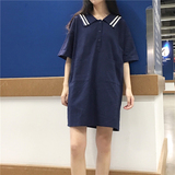 夏季女装韩版学院风海军领五分袖连衣裙宽松休闲学生短袖裙子显瘦