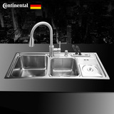 德国Continental洗碗洗菜盆带刀架垃圾桶双槽304不锈钢带龙头水槽