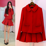 秋冬新款韩版名媛小香风羊毛呢子套装裙两件套女短款红色毛呢外套