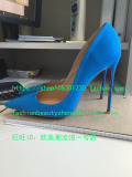 时尚外贸鞋蓝色反绒磨砂皮尖头浅口欧美风格超细跟女式性感高跟鞋
