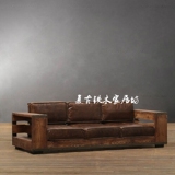 美式复古实木沙发椅 铁艺实木三人沙发 带轮做旧软皮沙发组合椅子
