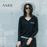 Amii长袖t恤女 宽松v领拼接撞色运动风 韩版时尚休闲薄款打底衫