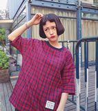 2016春季夏天韩国学生原宿bf风格子贴标打底衫女生衣服短袖T恤潮