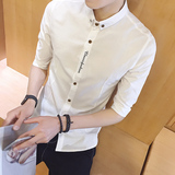 夏季男装纯色亚麻短袖衬衫男装韩版修身棉麻字母刺绣七分袖衬衫