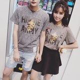qlz情侣装夏装韩版修身时尚混色可爱卡通短袖T恤男女半袖学生班服