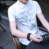 马克华菲短袖衬衫夏季韩版潮青年男士印花衬衣修身型半袖薄款衬衫