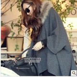 包邮 2015秋冬新款韩版女装套头连帽毛领蝙蝠袖斗篷型毛呢 外套