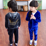 女童套装2015秋装新款韩版儿童宝宝天鹅绒连帽外套休闲裤子两件套