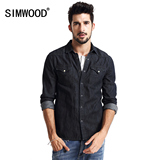 Simwood2016早秋新款男士休闲双口袋纯色修身长袖方领牛仔衬衫男