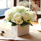 白玫瑰小盆栽 盆花餐桌花瓶花艺摆件 高仿真花套装 假花盆栽摆设