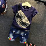 韩版儿童装男童套装男宝宝夏季圆领个性短袖T恤+时尚牛仔短裤子潮