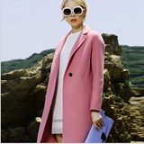 100%澳洲进口羊毛呢大衣女式收腰中长款外套藕粉色