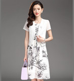 品牌夏雪纺女中式连衣裙两件套装显瘦印花竹子水墨画加大码妈妈装
