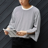 西西里男装 韩国男生条纹七分袖t恤 日系7分袖圆领宽松潮流短袖