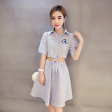 韩版2016夏季女装新款短款衬衫拼接高腰A字裙假两件条纹连衣裙子