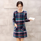 2015秋冬新款韩版女长袖格子修身显瘦优雅气质格子时尚毛呢连衣裙