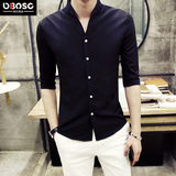 OBO2016夏季韩版黑色五分袖衬衫男士V领中袖衬衣发型师修身寸衫潮