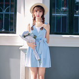 夏季甜美淑女裙日系学院风假两件蓝白色简约A字裙V领牛仔连衣裙