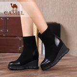 Camel/骆驼女鞋 时尚优雅 真皮弹力布圆头内增高高跟套筒女靴