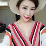 夏季韩版性感V领条纹拼色薄款冰丝针织衫 短款宽松蝙蝠袖上衣潮女