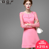 迪欧芙2016春装新款女装性感蕾丝钩花粉红色修身长袖连衣裙女短裙