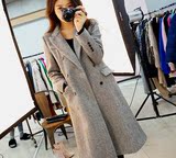 2015韩国代购Chuu冬新款韩版加厚长款西装领双排扣女条纹风衣大衣