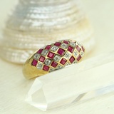 西洋古董首饰英国9k黄金古典精工群镶方形红宝石钻石戒指