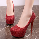 婚鞋红色亮片细跟大码40-43小码32-33金银色13CM超高跟单鞋新娘鞋