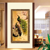 玄关装饰画竖版油画现代中式客厅挂画过道吉祥孔雀送礼