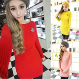 2016春季新款韩版女装通勤纯色修身套头一字领单件中长款长袖毛衣