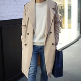 2015韩国男士风衣韩版米色宽松英伦超长款纯色大码风衣大衣外套潮