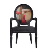 美式复古单人沙发椅带图案扶手椅 法式黑色做旧餐椅实木沙发定制
