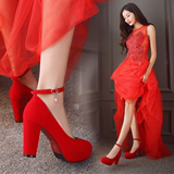 婚鞋红色2016新款中跟孕妇结婚鞋女高跟新娘鞋大小码粗跟婚礼红鞋