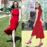 2016春夏倪妮亮相D-奥巴黎时装周倪妮同款正大红色气质显瘦连衣裙