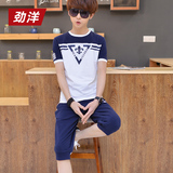 青少年短袖t恤男士夏季运动套装韩版潮流半截中学生五分5分袖衣服