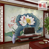中式水墨山水情手绘荷花大型壁画电视背景墙纸客厅背景壁纸 墙布