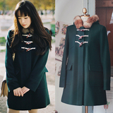 2014冬季呢子大衣女韩版中长款加厚牛角扣羊毛呢外套宽松大码 潮